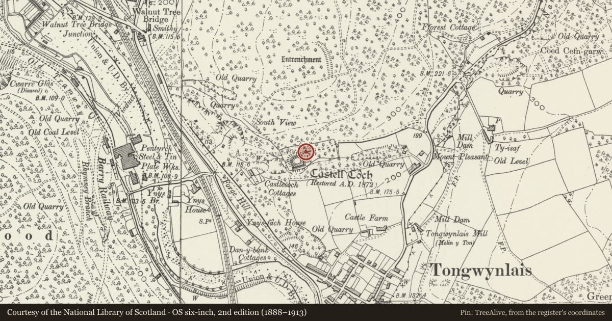 Ordnance Survey six-inch map, 2nd edition (1888–1913) covering the location of Castell Coch, Tongwynlais, Cardiff, with a pin at the register's coordinates