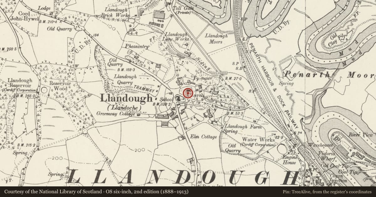 Ordnance Survey six-inch map, 2nd edition (1888–1913) covering the location of Pillar-Cross in Llandough Churchyard, Vale of Glamorgan, with a pin at the register's coordinates