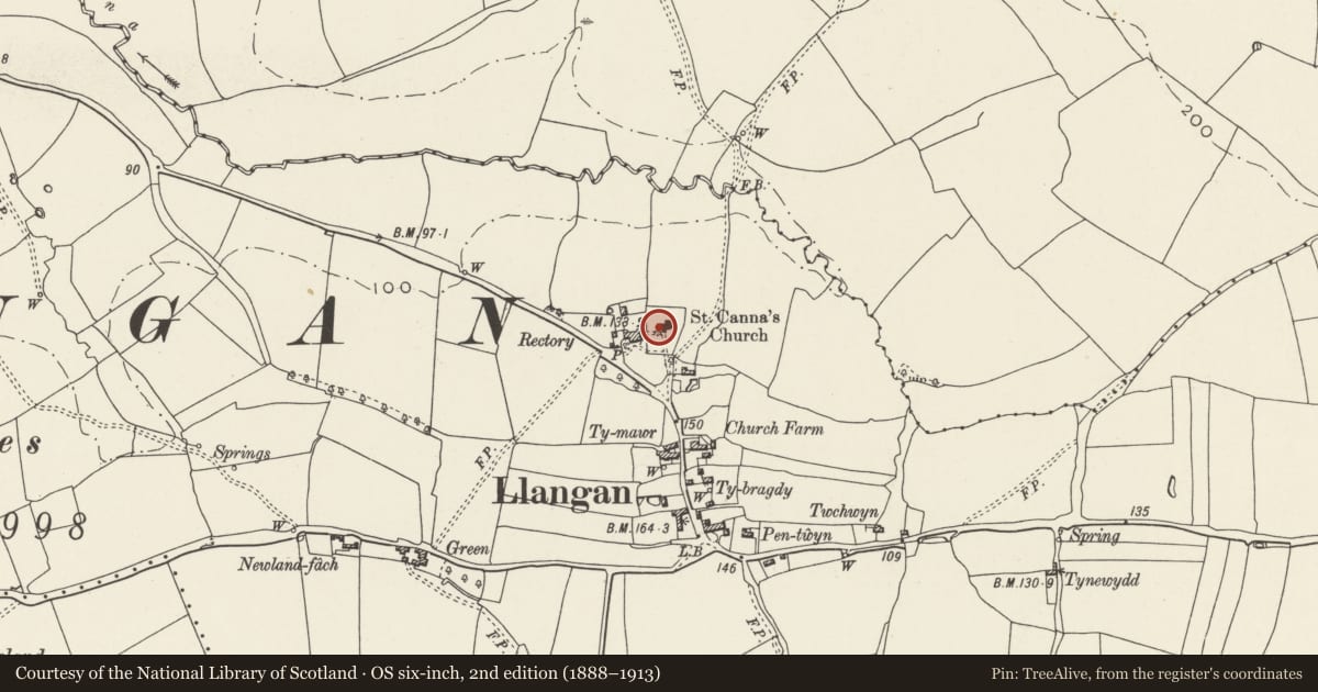 Ordnance Survey six-inch map, 2nd edition (1888–1913) covering the location of Llangan Celtic Cross, Vale of Glamorgan, with a pin at the register's coordinates