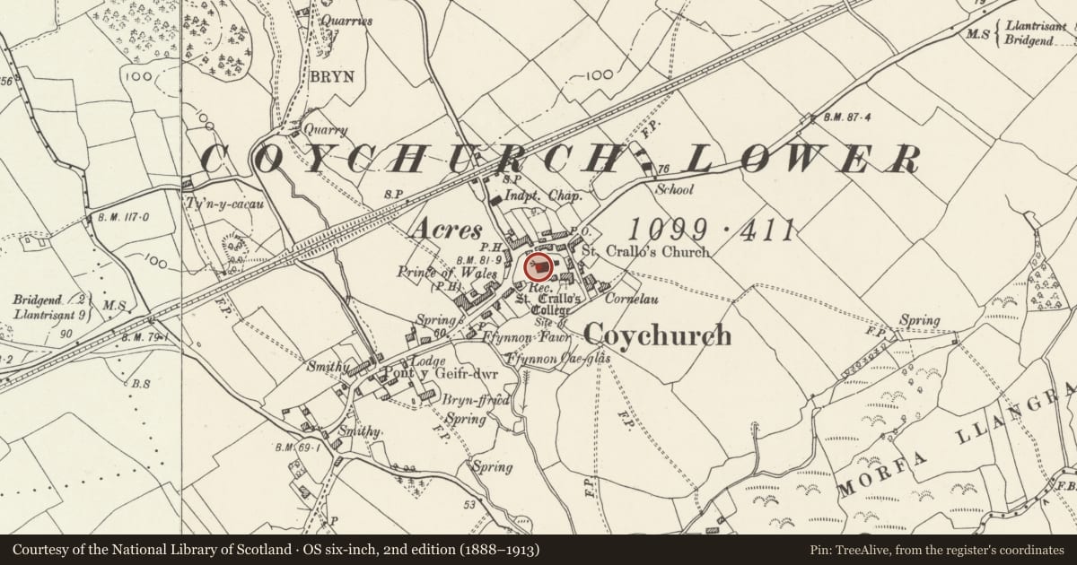 Ordnance Survey six-inch map, 2nd edition (1888–1913) covering the location of Early Medieval Composite Pillar-Crosses at St Crallo’s Church, Coychurch, Coychurch Lower, Bridgend, with a pin at the register's coordinates