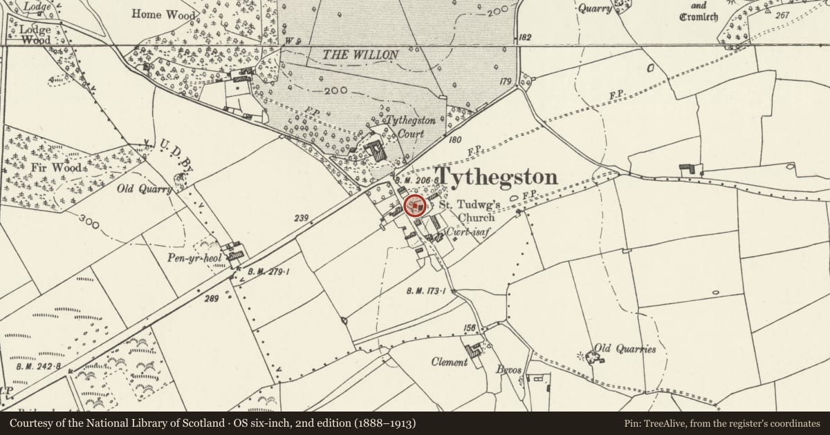 Ordnance Survey six-inch map, 2nd edition (1888–1913) covering the location of Cross in Tythegston Churchyard, Merthyr Mawr, Bridgend, with a pin at the register's coordinates
