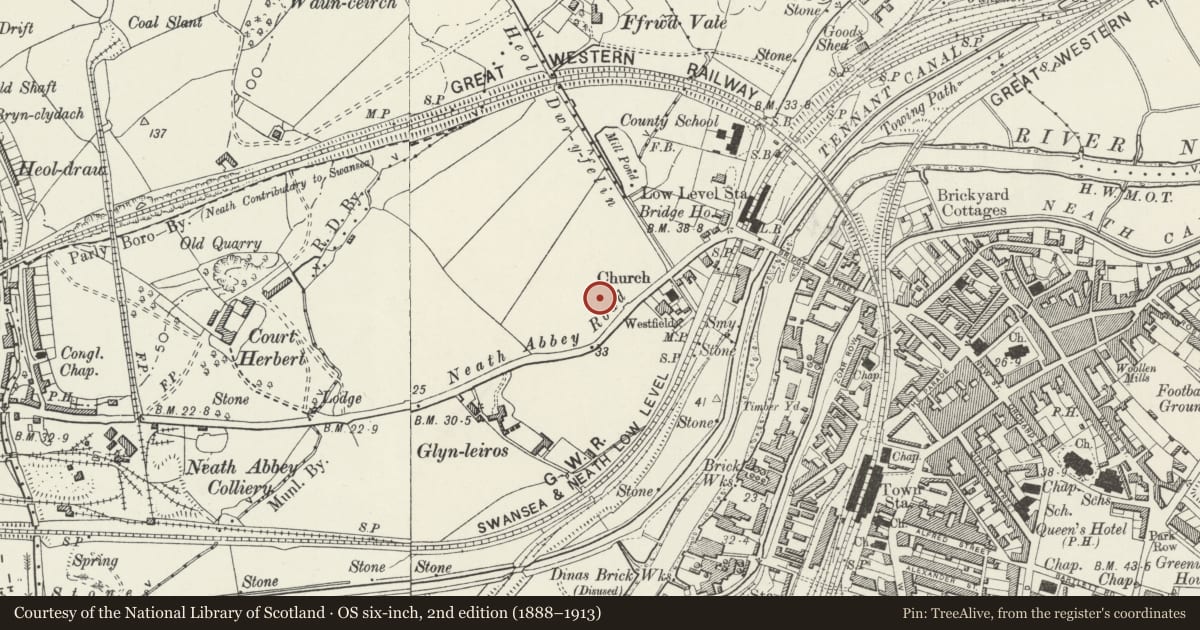 Ordnance Survey six-inch map, 2nd edition (1888–1913) covering the location of Neath Roman Site, Blaenhonddan, Neath Port Talbot, with a pin at the register's coordinates
