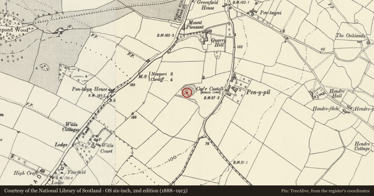 Ordnance Survey six-inch map, 2nd edition (1888–1913) covering the location of Caer Castell Camp, Rumney, Cardiff, with a pin at the register's coordinates