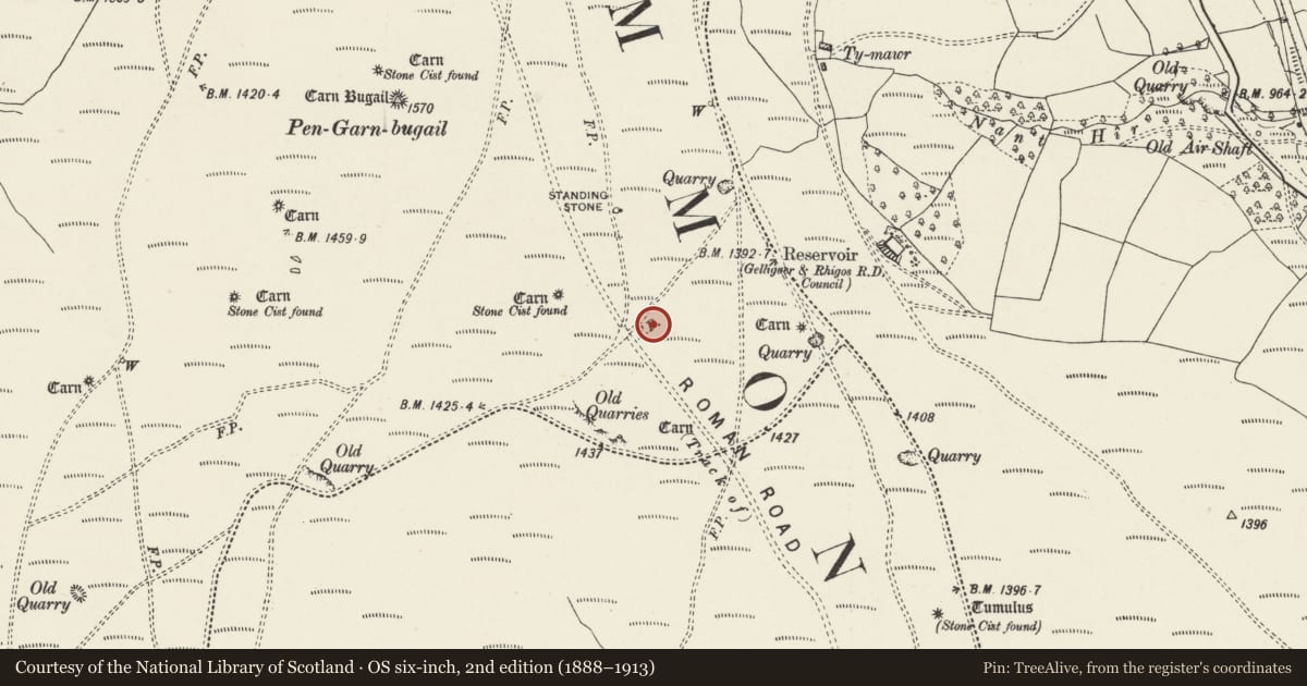 Ordnance Survey six-inch map, 2nd edition (1888–1913) covering the location of Gelligaer Common Round Cairns, Bedlinog, Merthyr Tydfil, with a pin at the register's coordinates