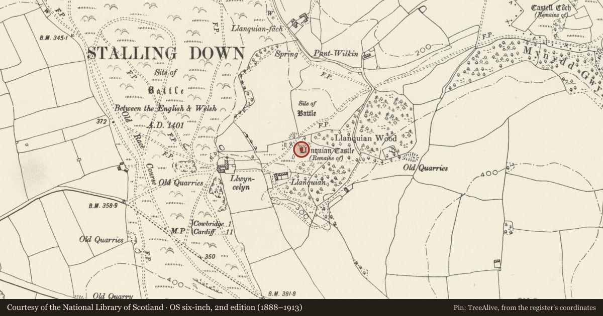 Ordnance Survey six-inch map, 2nd edition (1888–1913) covering the location of Llanquian Castle, Cowbridge with Llanblethian, Vale of Glamorgan, with a pin at the register's coordinates