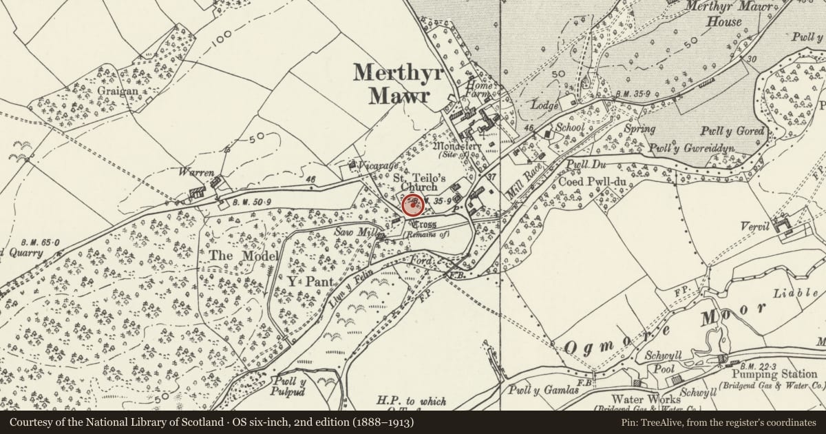 Ordnance Survey six-inch map, 2nd edition (1888–1913) covering the location of Merthyr Mawr Churchyard Cross, Bridgend, with a pin at the register's coordinates