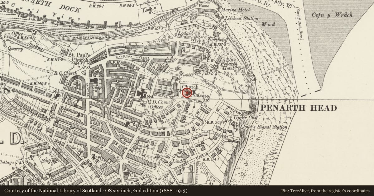 Ordnance Survey six-inch map, 2nd edition (1888–1913) covering the location of Penarth Churchyard Cross (Now in St Augustine's Church), Vale of Glamorgan, with a pin at the register's coordinates