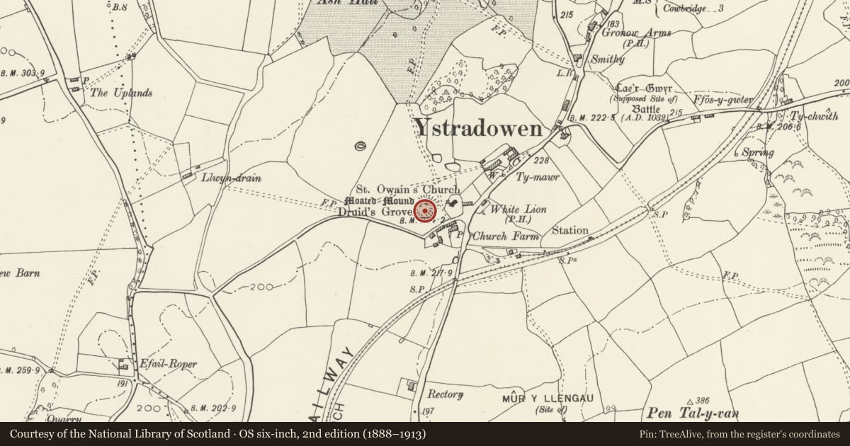 Ordnance Survey six-inch map, 2nd edition (1888–1913) covering the location of Ystradowen Castle Mound, Penllyn, Vale of Glamorgan, with a pin at the register's coordinates