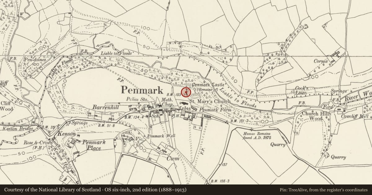 Ordnance Survey six-inch map, 2nd edition (1888–1913) covering the location of Penmark Castle, Rhoose, Vale of Glamorgan, with a pin at the register's coordinates