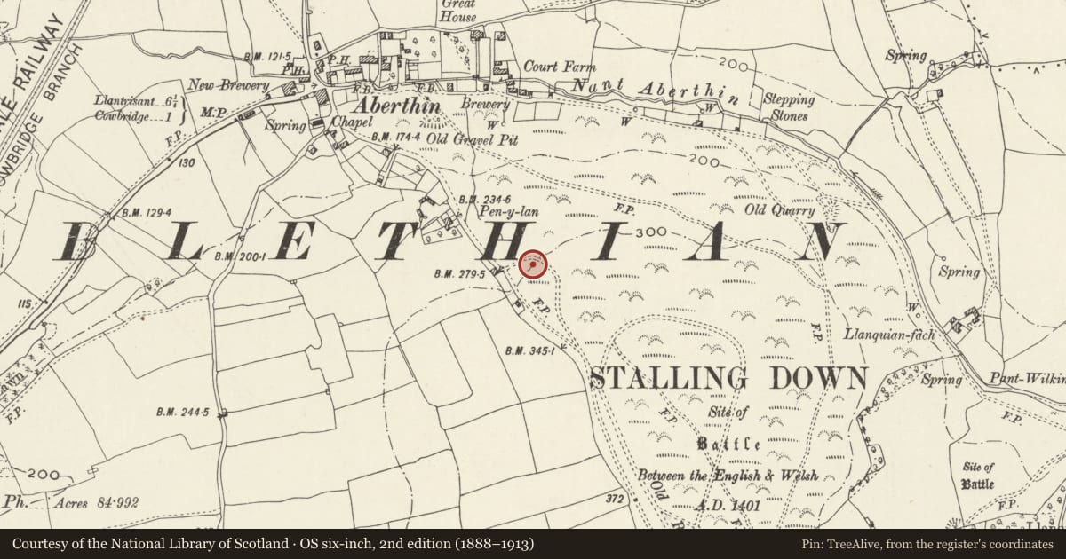 Ordnance Survey six-inch map, 2nd edition (1888–1913) covering the location of Stalling Down Round Barrow, Cowbridge with Llanblethian, Vale of Glamorgan, with a pin at the register's coordinates