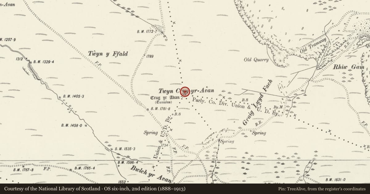 Ordnance Survey six-inch map, 2nd edition (1888–1913) covering the location of Crug yr Afan Round Cairn, Treorchy, Rhondda Cynon Taff, with a pin at the register's coordinates
