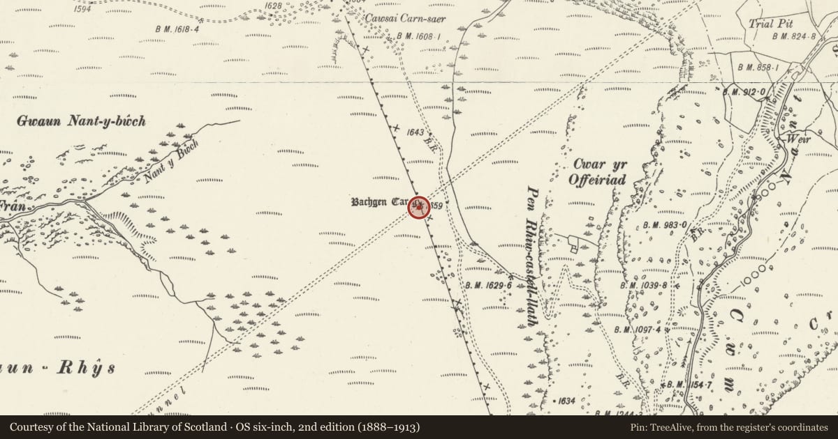 Ordnance Survey six-inch map, 2nd edition (1888–1913) covering the location of Bachgen Carreg Round Cairn, Treherbert, Rhondda Cynon Taff, with a pin at the register's coordinates