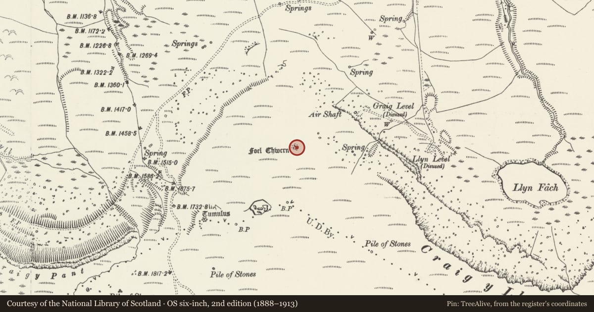 Ordnance Survey six-inch map, 2nd edition (1888–1913) covering the location of Foel Chwern Round Cairn, Blaengwrach, Neath Port Talbot, with a pin at the register's coordinates