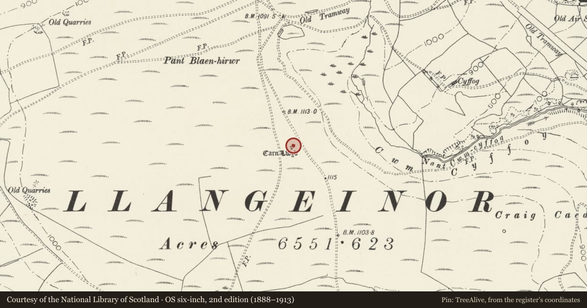 Ordnance Survey six-inch map, 2nd edition (1888–1913) covering the location of Cairn Lwyd, Garw Valley, Bridgend, with a pin at the register's coordinates
