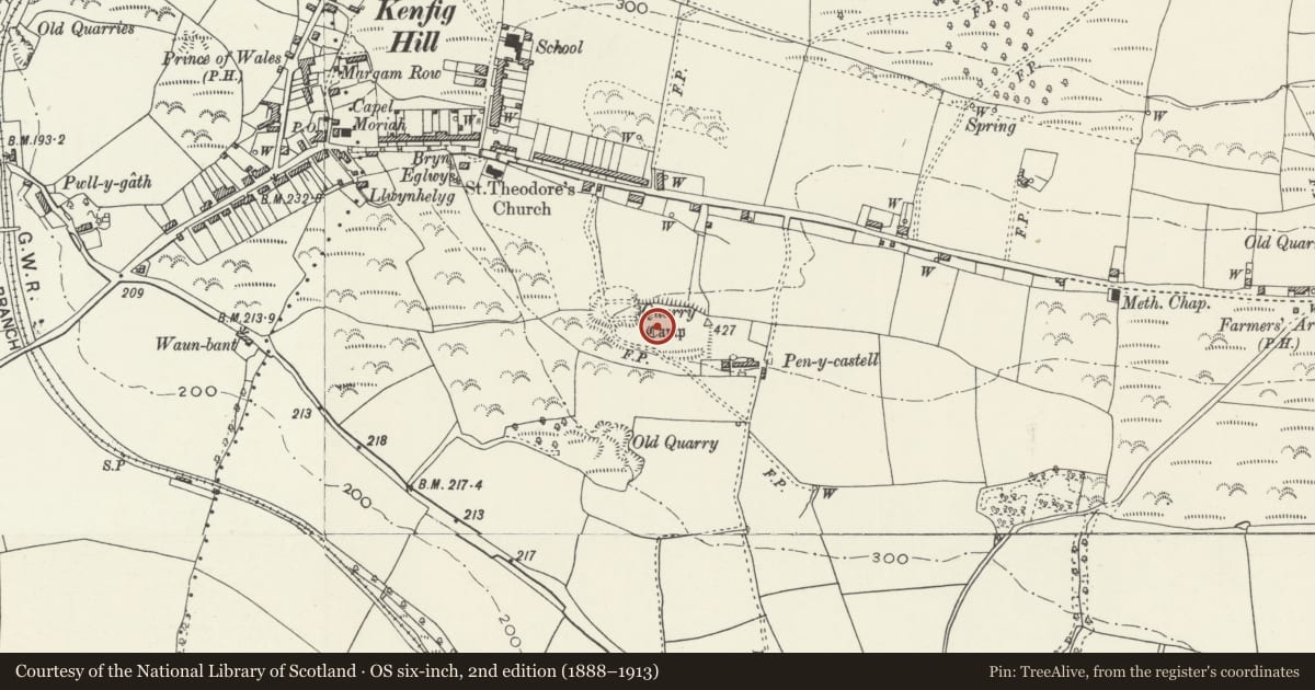 Ordnance Survey six-inch map, 2nd edition (1888–1913) covering the location of Pen-y-Castell Camp, Cynffig, Bridgend, with a pin at the register's coordinates