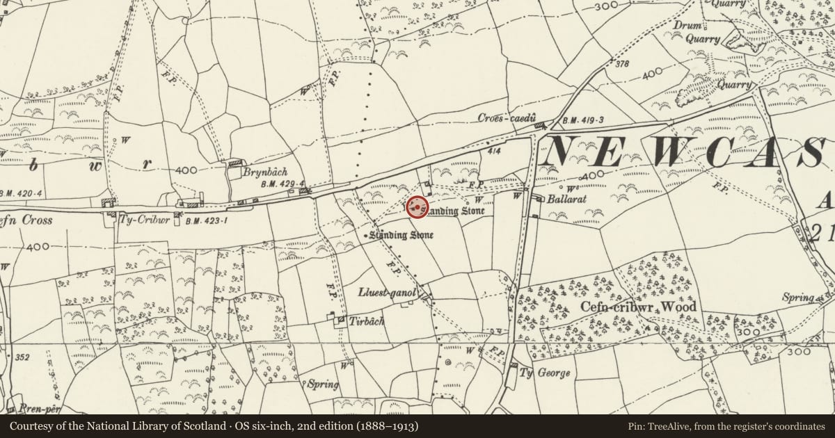 Ordnance Survey six-inch map, 2nd edition (1888–1913) covering the location of Cefn Cross Standing Stone, Cefn Cribwr, Bridgend, with a pin at the register's coordinates