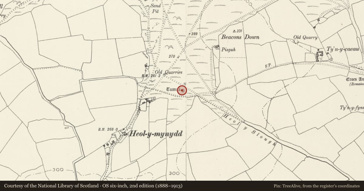 Ordnance Survey six-inch map, 2nd edition (1888–1913) covering the location of Heol y Mynydd Round Barrow, St. Bride's Major, Vale of Glamorgan, with a pin at the register's coordinates