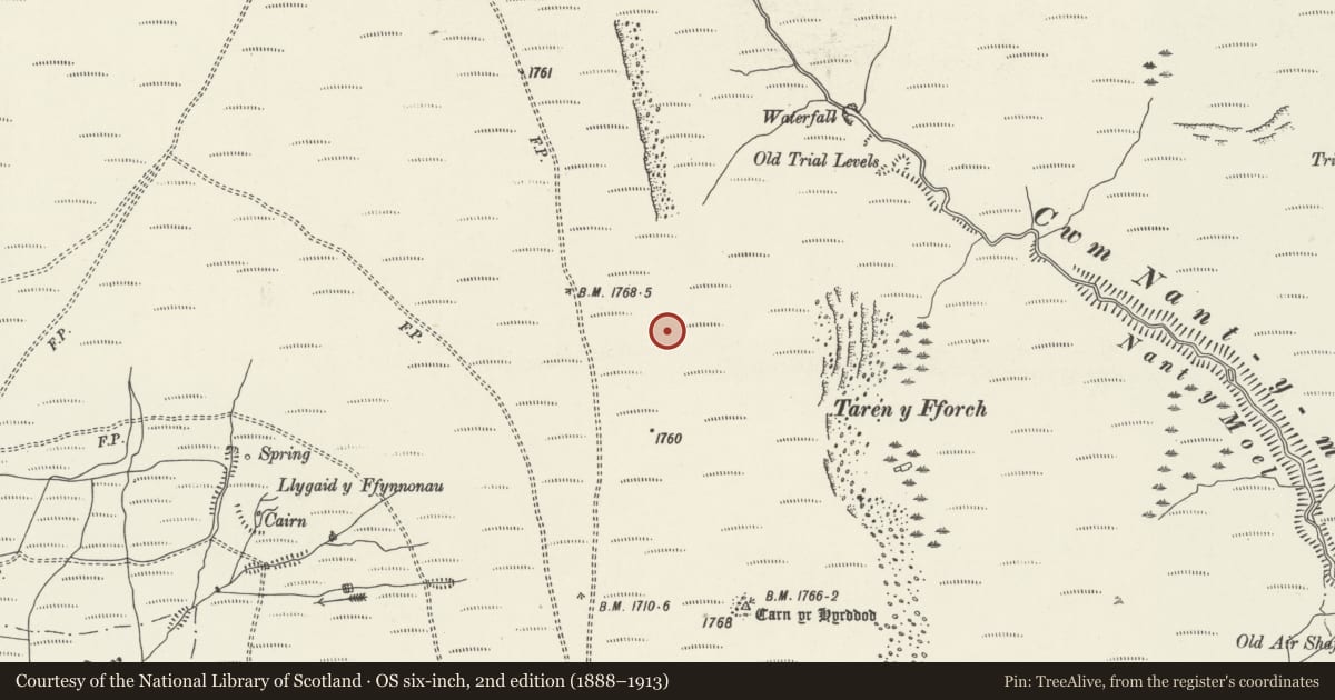 Ordnance Survey six-inch map, 2nd edition (1888–1913) covering the location of Carn y Hyrddod & Neighbouring Cairn, Ogmore Valley, Bridgend, with a pin at the register's coordinates