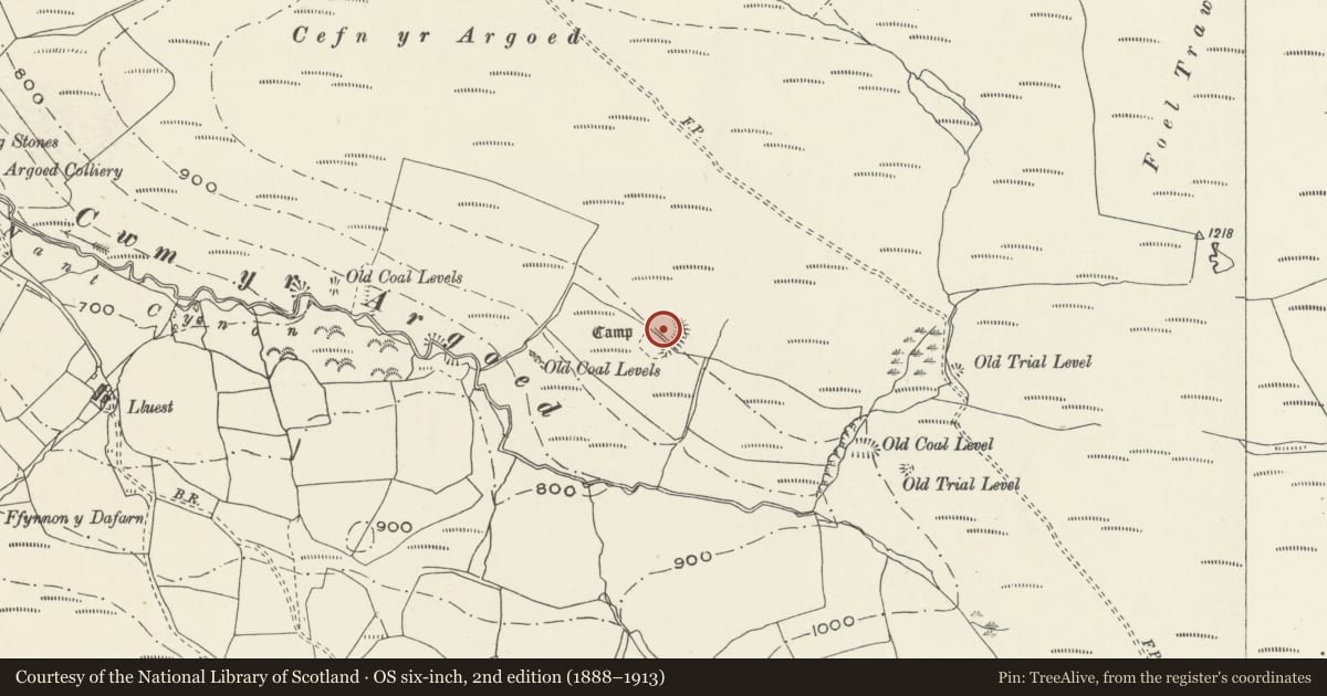 Ordnance Survey six-inch map, 2nd edition (1888–1913) covering the location of Cefn yr Argoed Camp, Glyncorrwg, Neath Port Talbot, with a pin at the register's coordinates