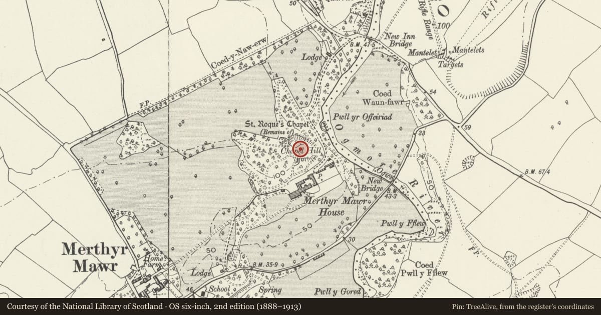 Ordnance Survey six-inch map, 2nd edition (1888–1913) covering the location of Chapel Hill Camp, Merthyr Mawr, Bridgend, with a pin at the register's coordinates