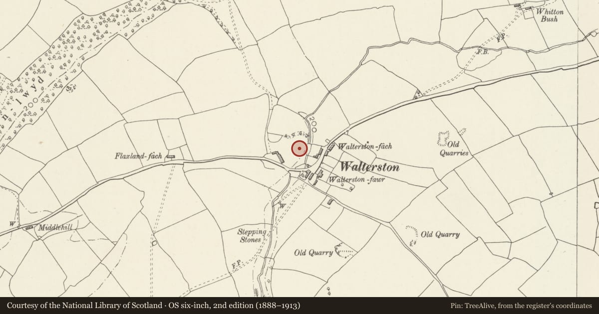 Ordnance Survey six-inch map, 2nd edition (1888–1913) covering the location of Walterston ringwork, Llancarfan, Vale of Glamorgan, with a pin at the register's coordinates