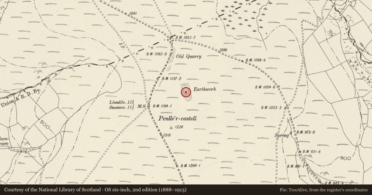 Ordnance Survey six-inch map, 2nd edition (1888–1913) covering the location of Penlle'r Castell, Mawr, Swansea, with a pin at the register's coordinates