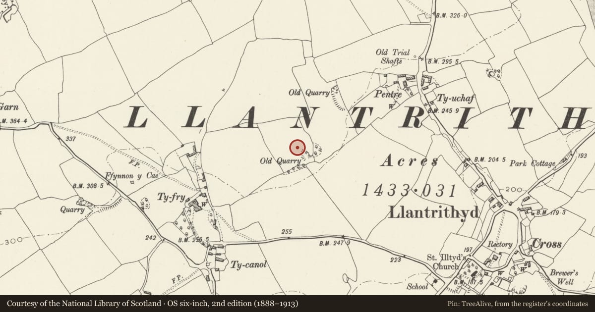 Ordnance Survey six-inch map, 2nd edition (1888–1913) covering the location of Llantrithyd Camp, Llancarfan, Vale of Glamorgan, with a pin at the register's coordinates