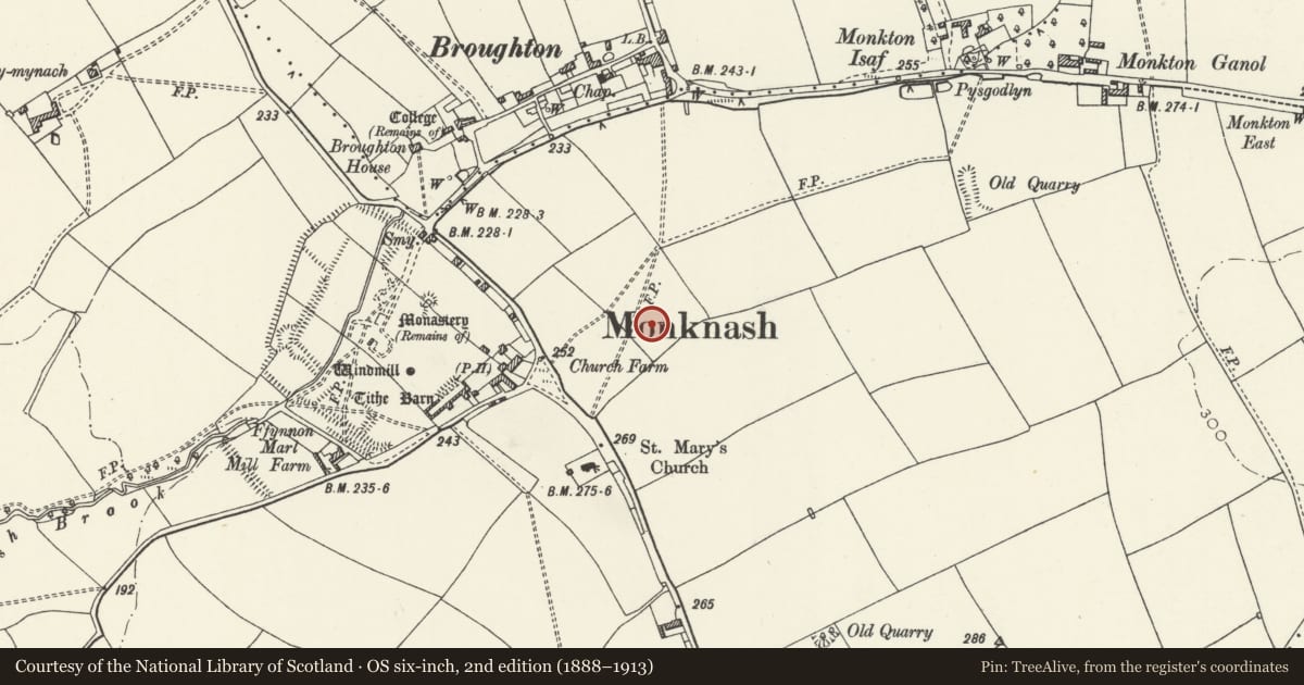Ordnance Survey six-inch map, 2nd edition (1888–1913) covering the location of Round Barrows NE of Church Farm, St. Donats, Vale of Glamorgan, with a pin at the register's coordinates