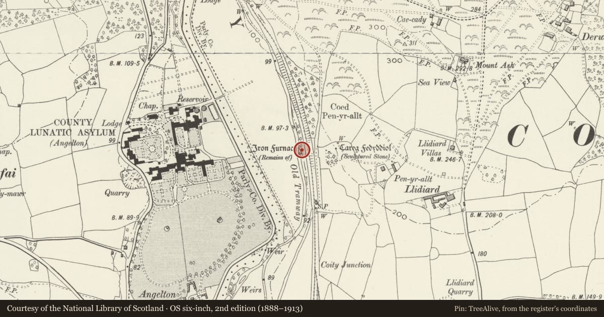 Ordnance Survey six-inch map, 2nd edition (1888–1913) covering the location of Remains of Iron Furnace Near Angleton, Coity Higher, Bridgend, with a pin at the register's coordinates