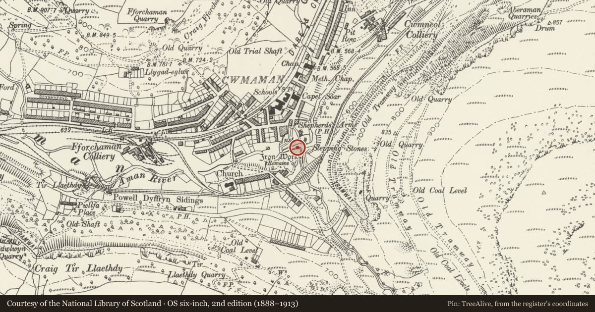 Ordnance Survey six-inch map, 2nd edition (1888–1913) covering the location of Remains of Iron Furnace at Cwmaman, Aberaman, Rhondda Cynon Taff, with a pin at the register's coordinates