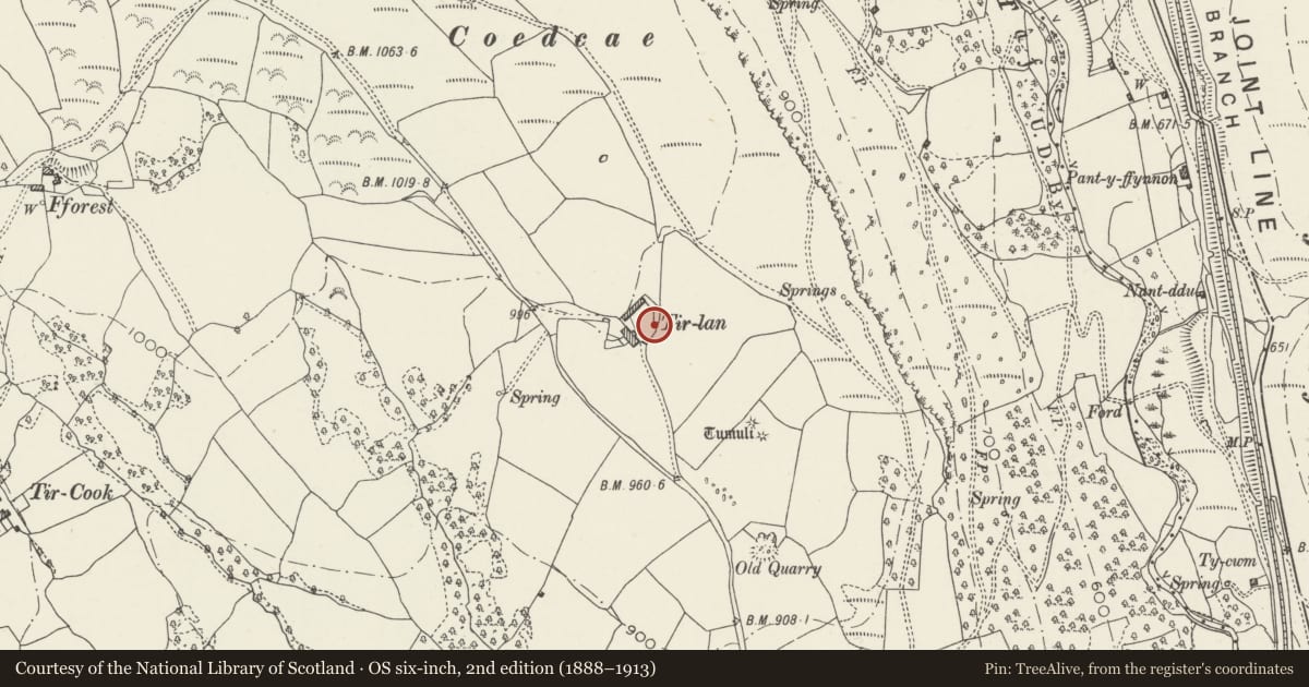 Ordnance Survey six-inch map, 2nd edition (1888–1913) covering the location of Tir Lan round barrow cemetery, Treharris, Merthyr Tydfil, with a pin at the register's coordinates