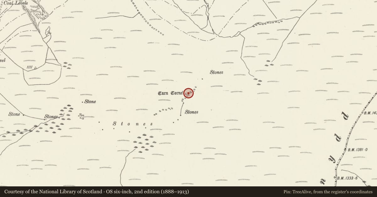 Ordnance Survey six-inch map, 2nd edition (1888–1913) covering the location of Carn Cornel Round Cairn, Seven Sisters, Neath Port Talbot, with a pin at the register's coordinates
