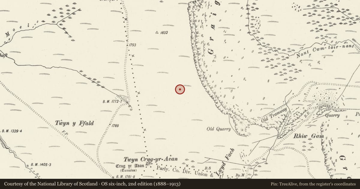 Ordnance Survey six-inch map, 2nd edition (1888–1913) covering the location of Earthwork 360m NNE of Crug yr Avan, Treorchy, Rhondda Cynon Taff, with a pin at the register's coordinates