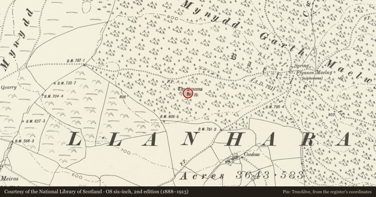 Ordnance Survey six-inch map, 2nd edition (1888–1913) covering the location of The Beacons Round Barrows, Llanharan, Rhondda Cynon Taff, with a pin at the register's coordinates