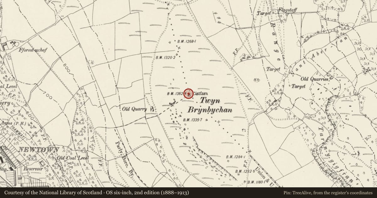 Ordnance Survey six-inch map, 2nd edition (1888–1913) covering the location of Brynbychan Round Cairn, Mountain Ash, Rhondda Cynon Taff, with a pin at the register's coordinates