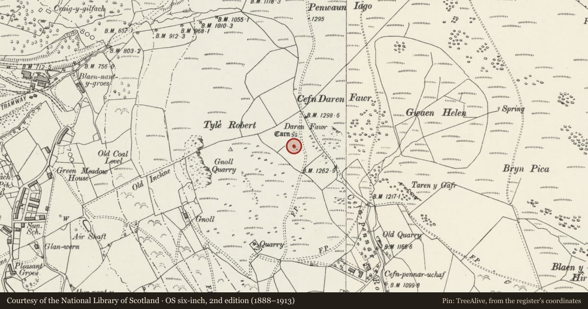 Ordnance Survey six-inch map, 2nd edition (1888–1913) covering the location of Darren Fawr Round Cairns, Cwmbach, Rhondda Cynon Taff, with a pin at the register's coordinates
