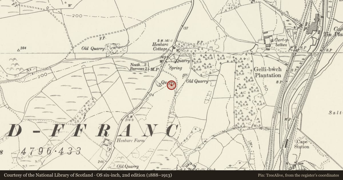 Ordnance Survey six-inch map, 2nd edition (1888–1913) covering the location of Llandarcy Round Cairn, Coedffranc, Neath Port Talbot, with a pin at the register's coordinates