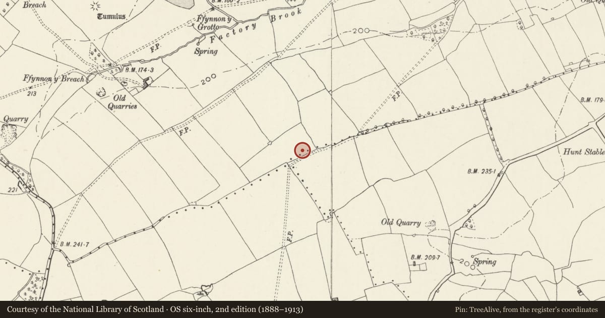 Ordnance Survey six-inch map, 2nd edition (1888–1913) covering the location of Round Barrow 800m SE of Malborough Grange, Cowbridge with Llanblethian, Vale of Glamorgan, with a pin at the register's coordinates