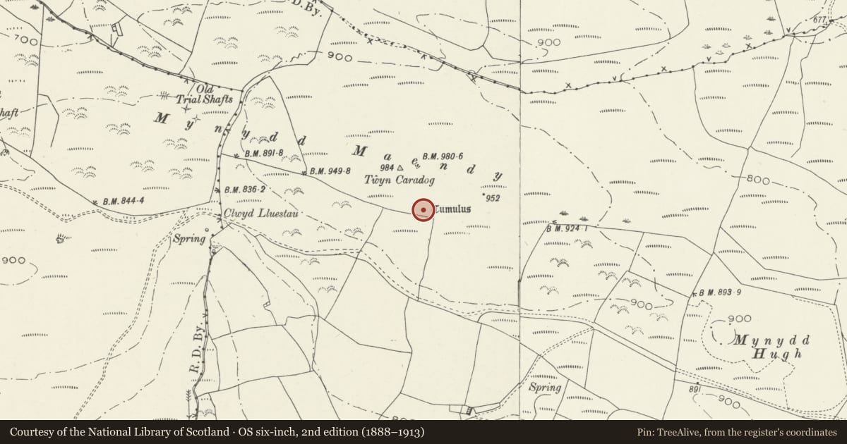 Ordnance Survey six-inch map, 2nd edition (1888–1913) covering the location of Mynydd Maendy Round Cairn, Llanharan, Rhondda Cynon Taff, with a pin at the register's coordinates