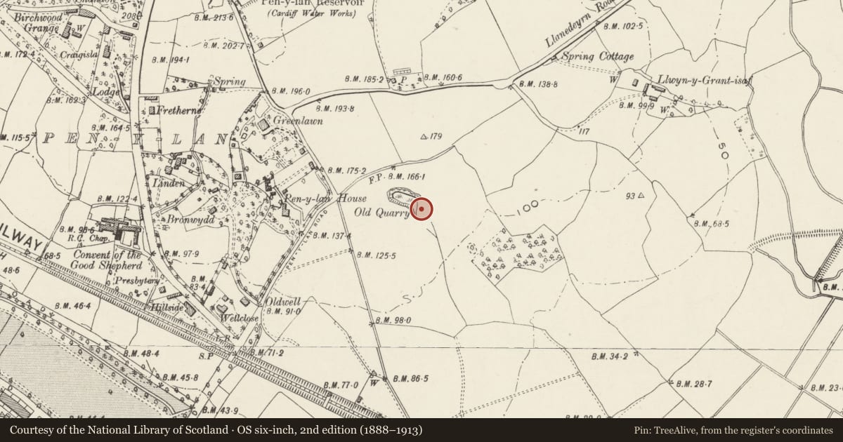 Ordnance Survey six-inch map, 2nd edition (1888–1913) covering the location of Pen y lan Roman Site, Roath, Cardiff, with a pin at the register's coordinates