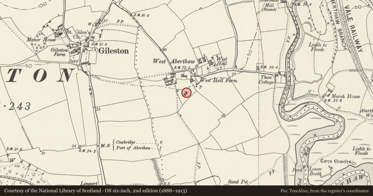 Ordnance Survey six-inch map, 2nd edition (1888–1913) covering the location of West Aberthaw Medieval Site, St. Athan, Vale of Glamorgan, with a pin at the register's coordinates