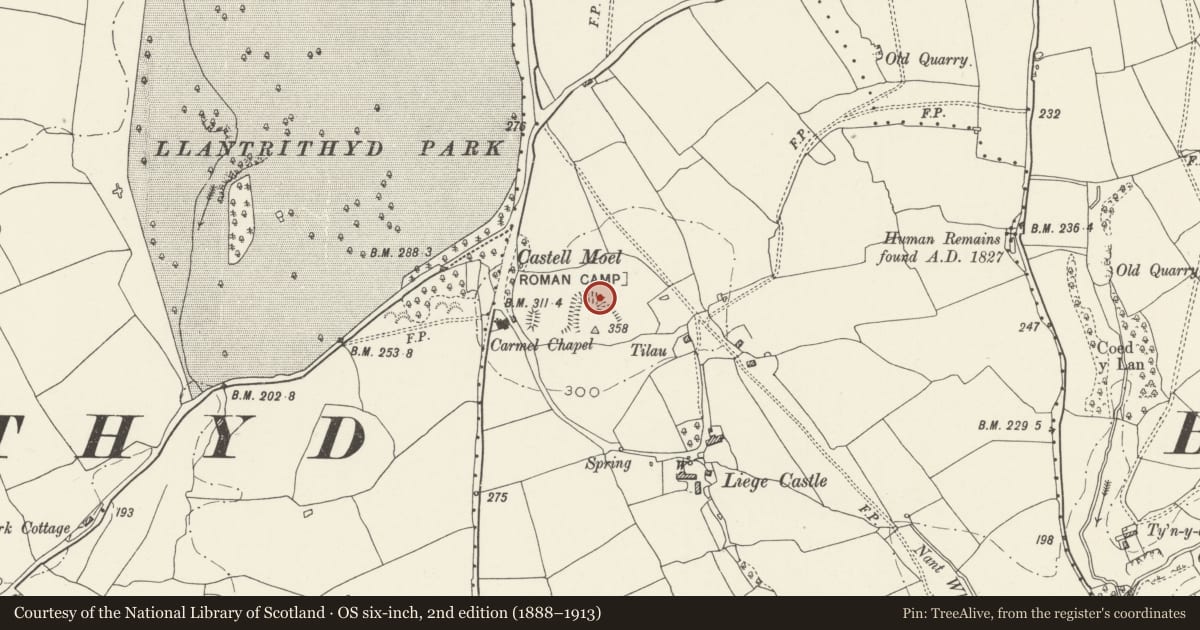 Ordnance Survey six-inch map, 2nd edition (1888–1913) covering the location of Castell Moel, Llancarfan, Vale of Glamorgan, with a pin at the register's coordinates