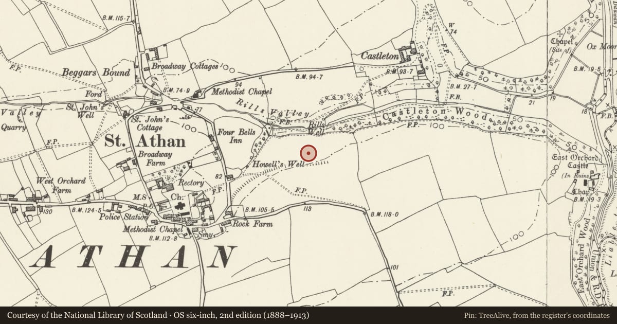 Ordnance Survey six-inch map, 2nd edition (1888–1913) covering the location of Deserted Medieval Village North East of Rock Farm, St. Athan, Vale of Glamorgan, with a pin at the register's coordinates