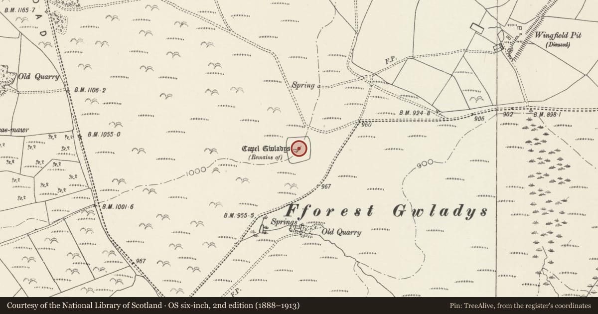 Ordnance Survey six-inch map, 2nd edition (1888–1913) covering the location of Capel Gwladys, Darran Valley, Caerphilly, with a pin at the register's coordinates