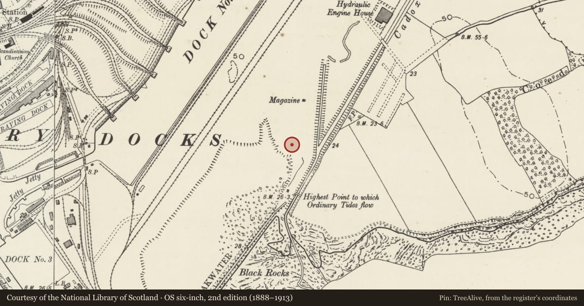 Ordnance Survey six-inch map, 2nd edition (1888–1913) covering the location of Round Barrow 612m N of Bendrick Rock, Barry, Vale of Glamorgan, with a pin at the register's coordinates