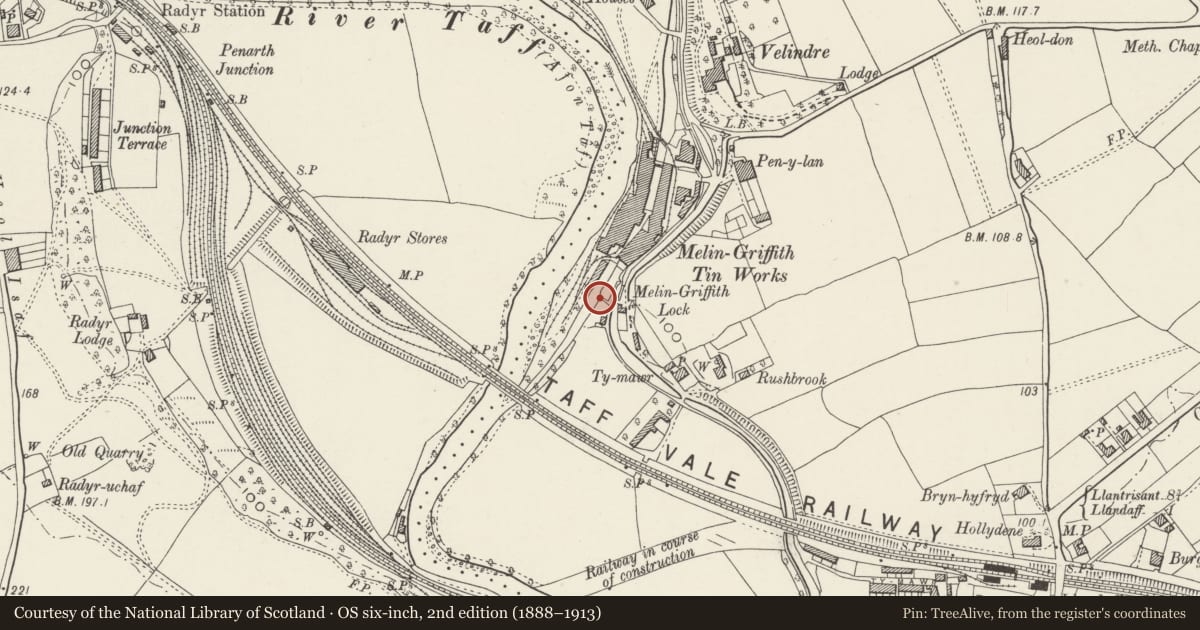 Ordnance Survey six-inch map, 2nd edition (1888–1913) covering the location of Melingriffith Water Pump, Whitchurch, Cardiff, with a pin at the register's coordinates