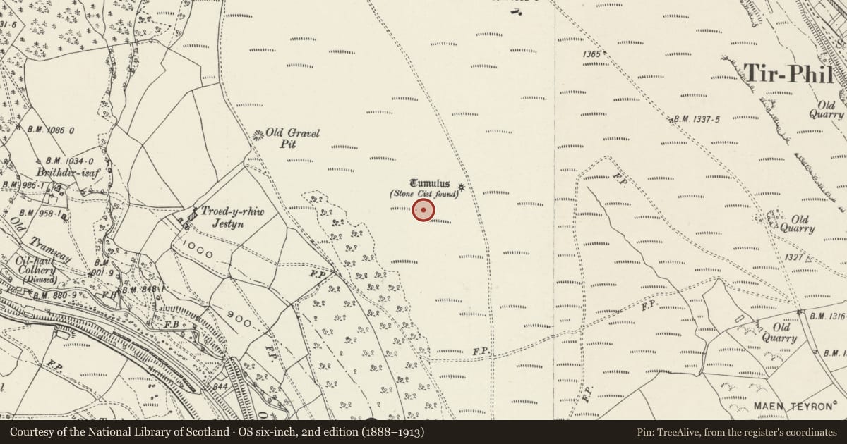 Ordnance Survey six-inch map, 2nd edition (1888–1913) covering the location of Three Platform Houses on Cefn Brithdir, Darran Valley, Caerphilly, with a pin at the register's coordinates