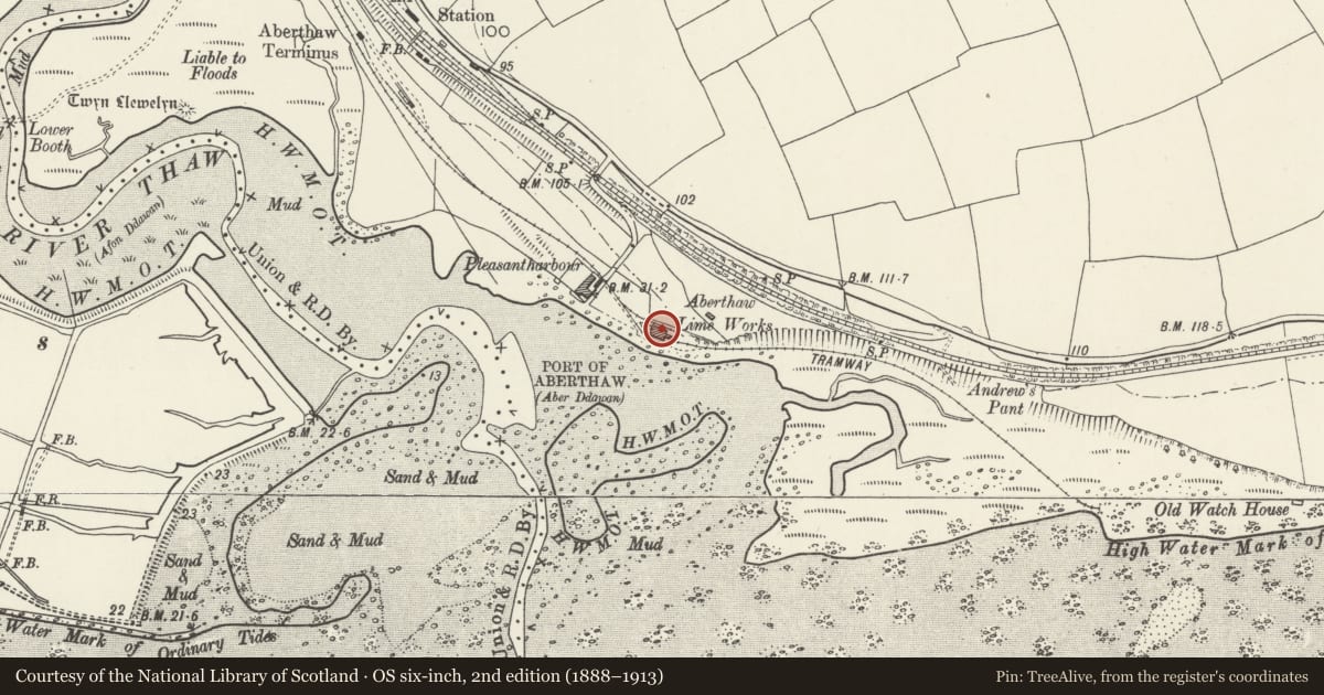 Ordnance Survey six-inch map, 2nd edition (1888–1913) covering the location of Early Cement Works, Aberthaw, Rhoose, Vale of Glamorgan, with a pin at the register's coordinates