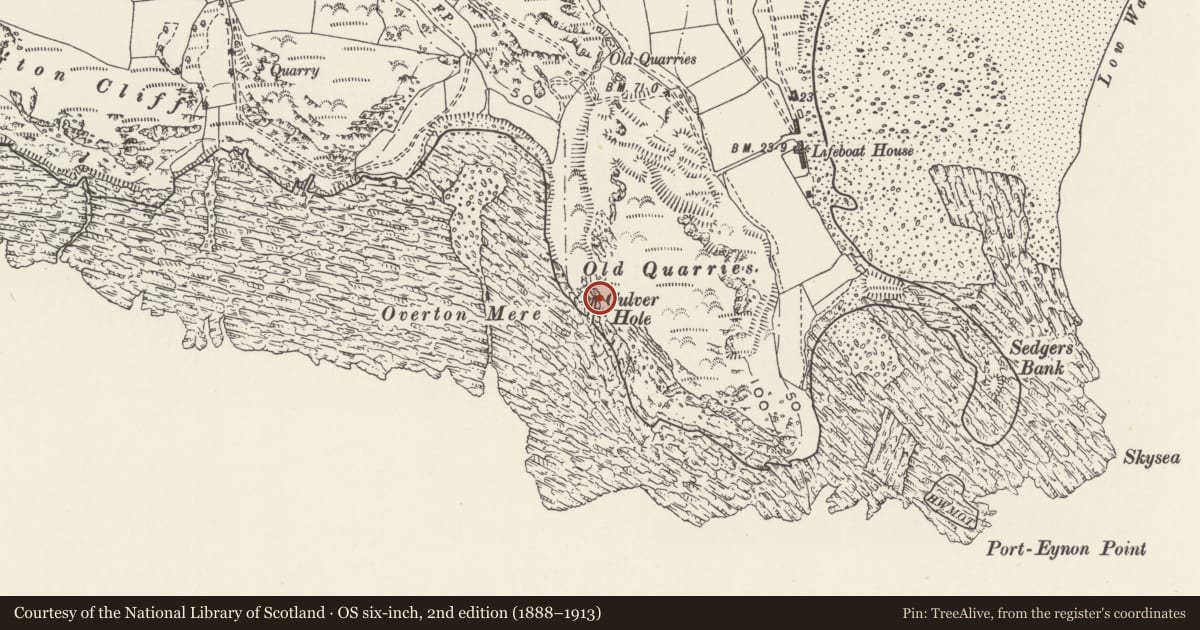 Ordnance Survey six-inch map, 2nd edition (1888–1913) covering the location of Culver Hole Dovecot, Port Eynon, Swansea, with a pin at the register's coordinates