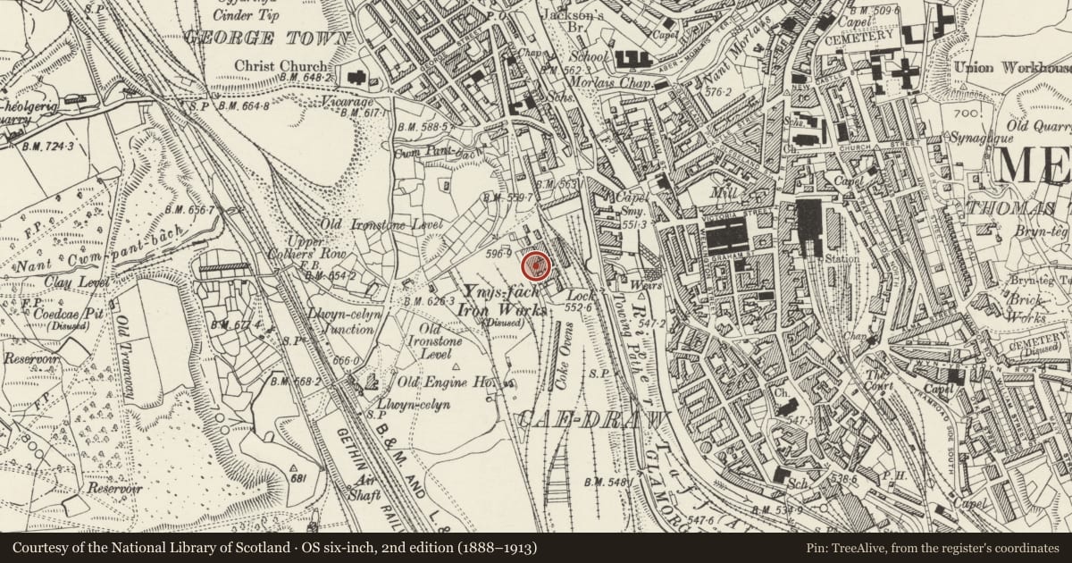Ordnance Survey six-inch map, 2nd edition (1888–1913) covering the location of Ynys Fach Iron Furnaces, Cyfarthfa, Merthyr Tydfil, with a pin at the register's coordinates